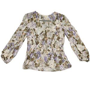 Rebecca Taylor Size 2 XS Blouse Silk Cotton Floral Penelope Top Gathered Waist